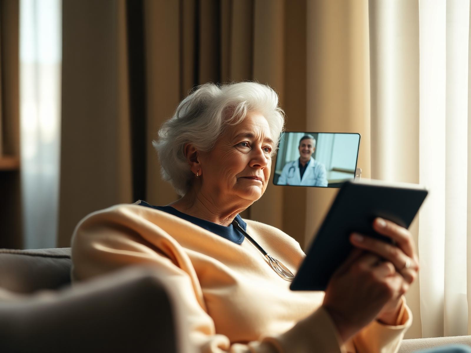 A patient meeting her PMG doctor by video from home